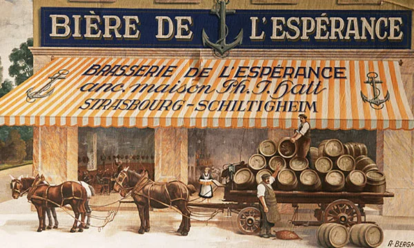 Illustration vintage de la Brasserie de l'Espérance à Strasbourg, montrant des ouvriers chargeant des barils de bière sur une charrette tirée par des chevaux devant le bâtiment de la brasserie