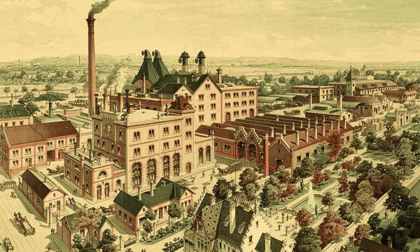 Illustration historique de la Brasserie de l'Espérance à Strasbourg, avec ses nombreux bâtiments, cheminées fumantes et jardins environnants, représentant une scène industrielle animée.