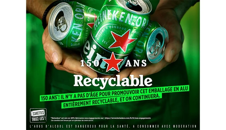 150 ans Recyclable : 150 ans' ! Il n'ya pas d'âge pour promouvoir cet emballage en alu entièrement recyclable, et on continuera. CANETTES : Triez-les ! L'abus d'alcool est dangereux pour la santé. à consommer avec modération.