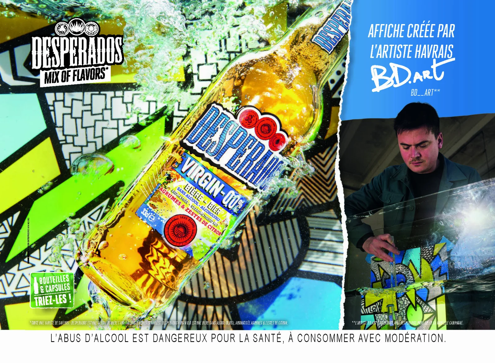 Desperados Mix of Flavors 0.0%, Affiche créée par l'artiste Havrais BR.art. L'abus d'alcool est dangereux pour la santé, à consommer avec modération