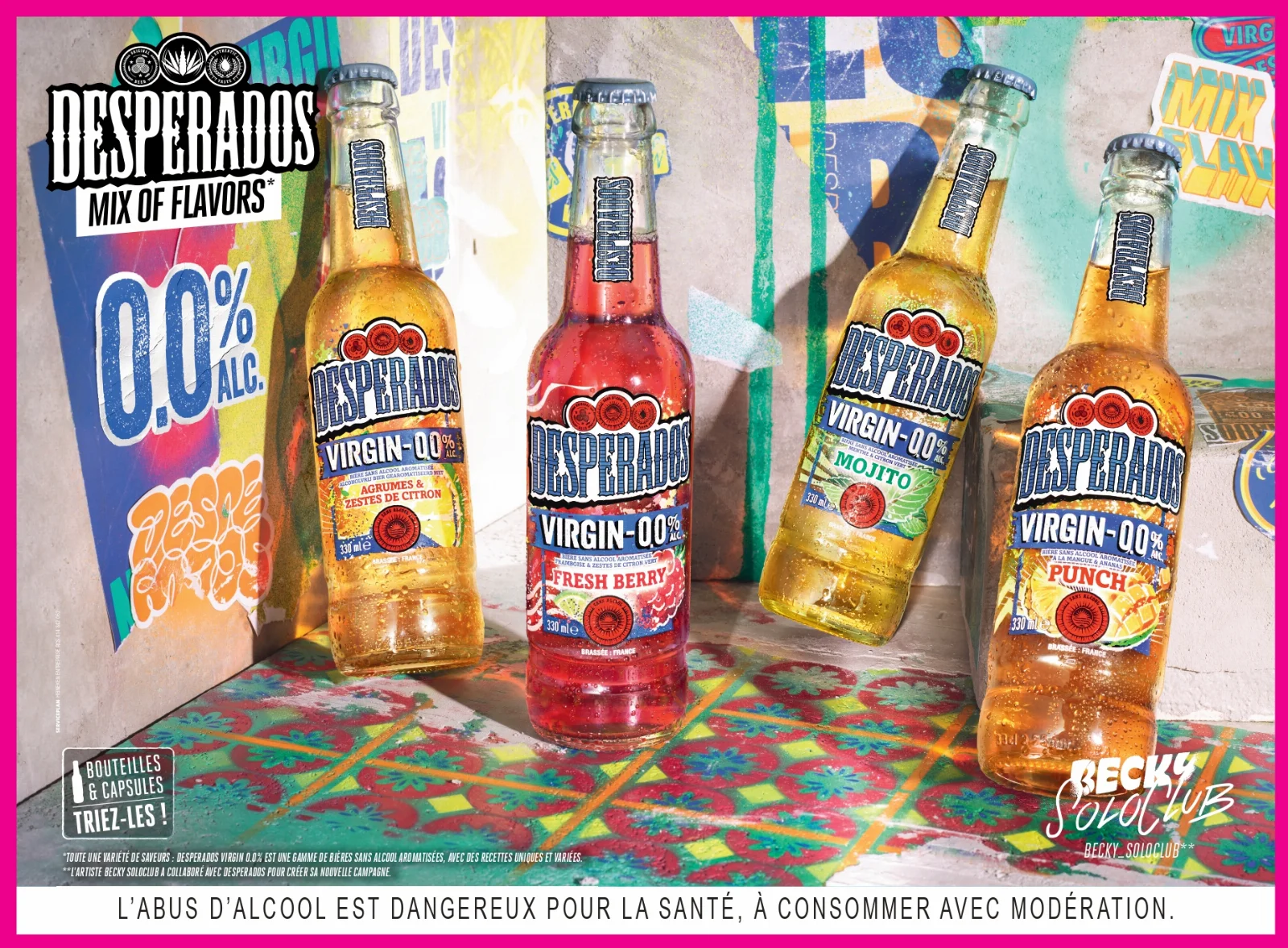 Desperados MIX OF FLAVORS, 0.0% Alcool, l'abus d'alcool est dangereux pour la santé, consommez avec modération.