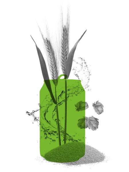 Bouteille verte contenant des images d'épis de blé, de houblon et d'eau, représentant les ingrédients naturels et l'engagement environnemental.