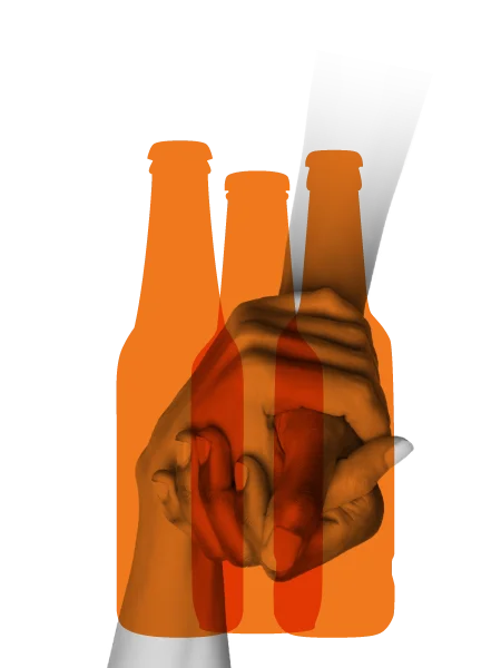 Deux mains se serrant dans une silhouette de bouteilles orange, symbolisant l'engagement social et la solidarité.