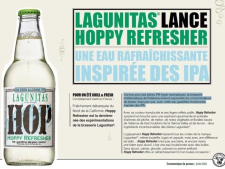 hrLLHR Affiche promotionnelle de Lagunitas pour Hoppy Refresher, une eau rafraîchissante inspirée des IPA, avec une bouteille et des informations sur le produit.