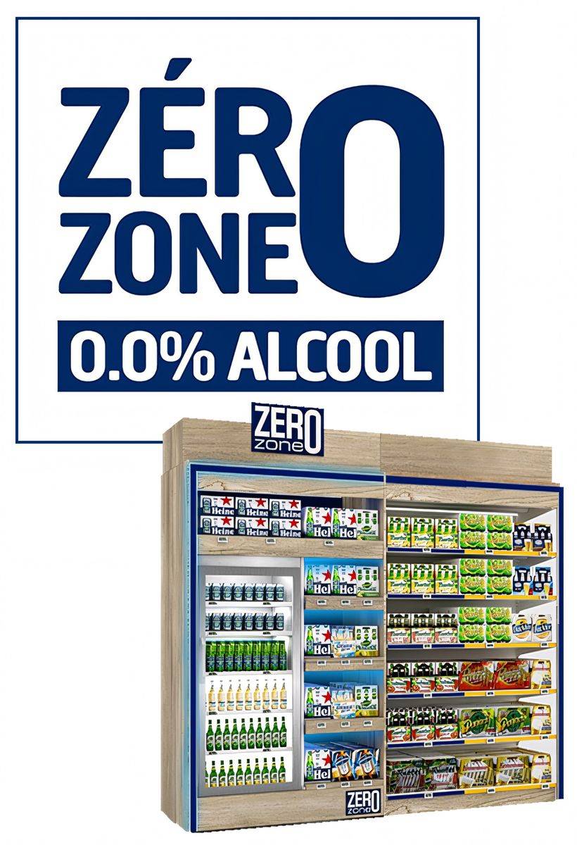 zero_zone Affiche de la "Zero Zone" avec le texte "0.0% Alcool" en bleu et une image d'un rayonnage rempli de boissons sans alcool, principalement des produits Heineken 0.0% et d'autres boissons sans alcool.